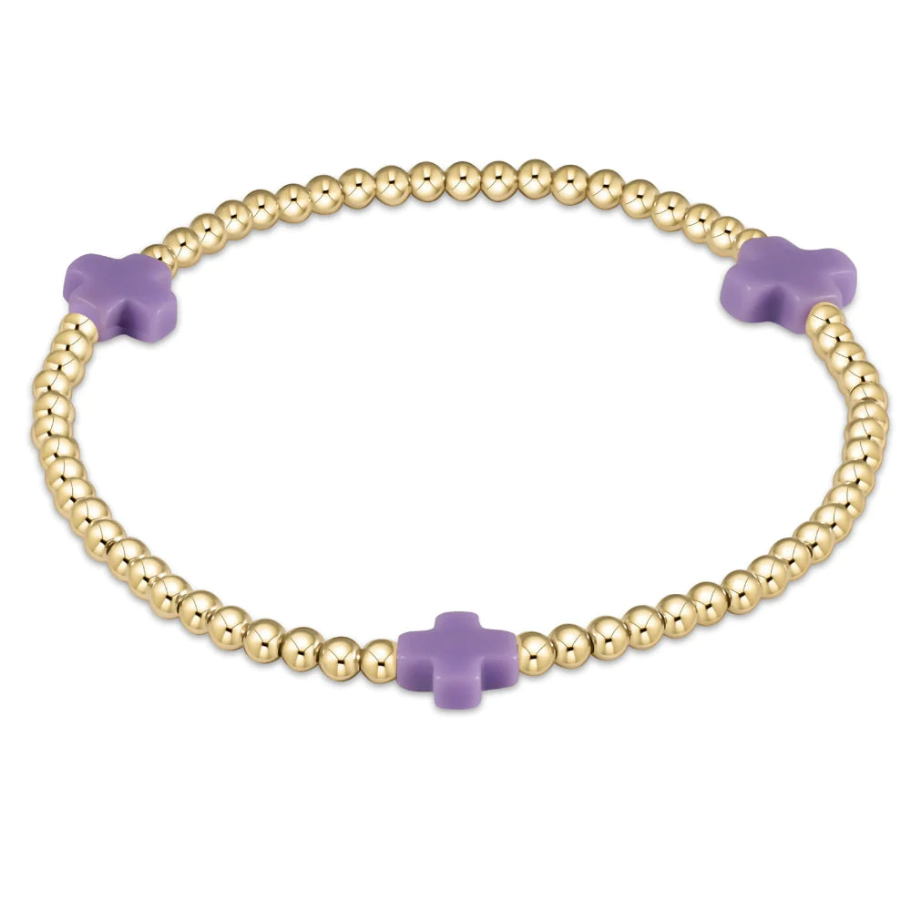 signature cross gold pattern 3mm bead bracelet in purple