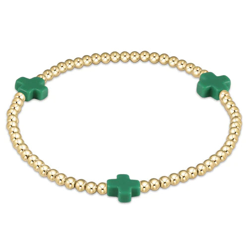 signature cross gold pattern 3mm bead bracelet emerald