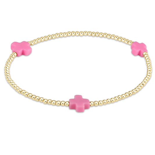signature cross gold pattern 3mm bead bracelet bright pink