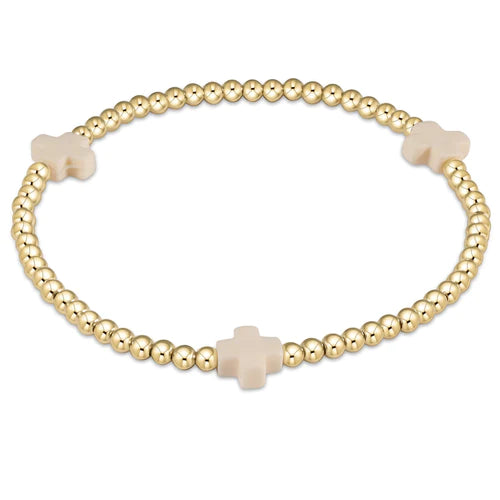 signature cross gold pattern 3mm bead bracelet off white