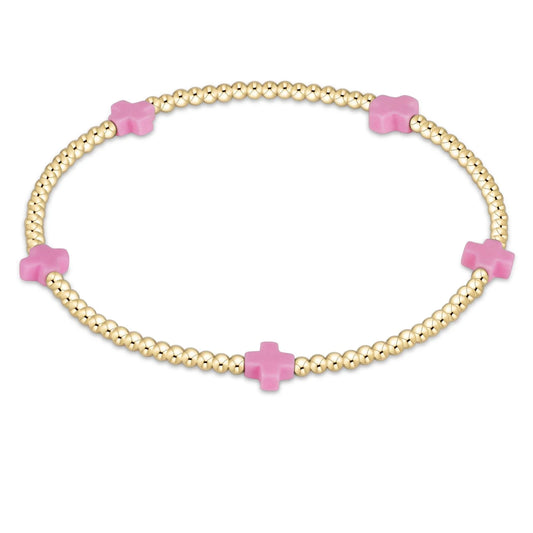 signature cross small gold 2mm bead bracelet bright pink