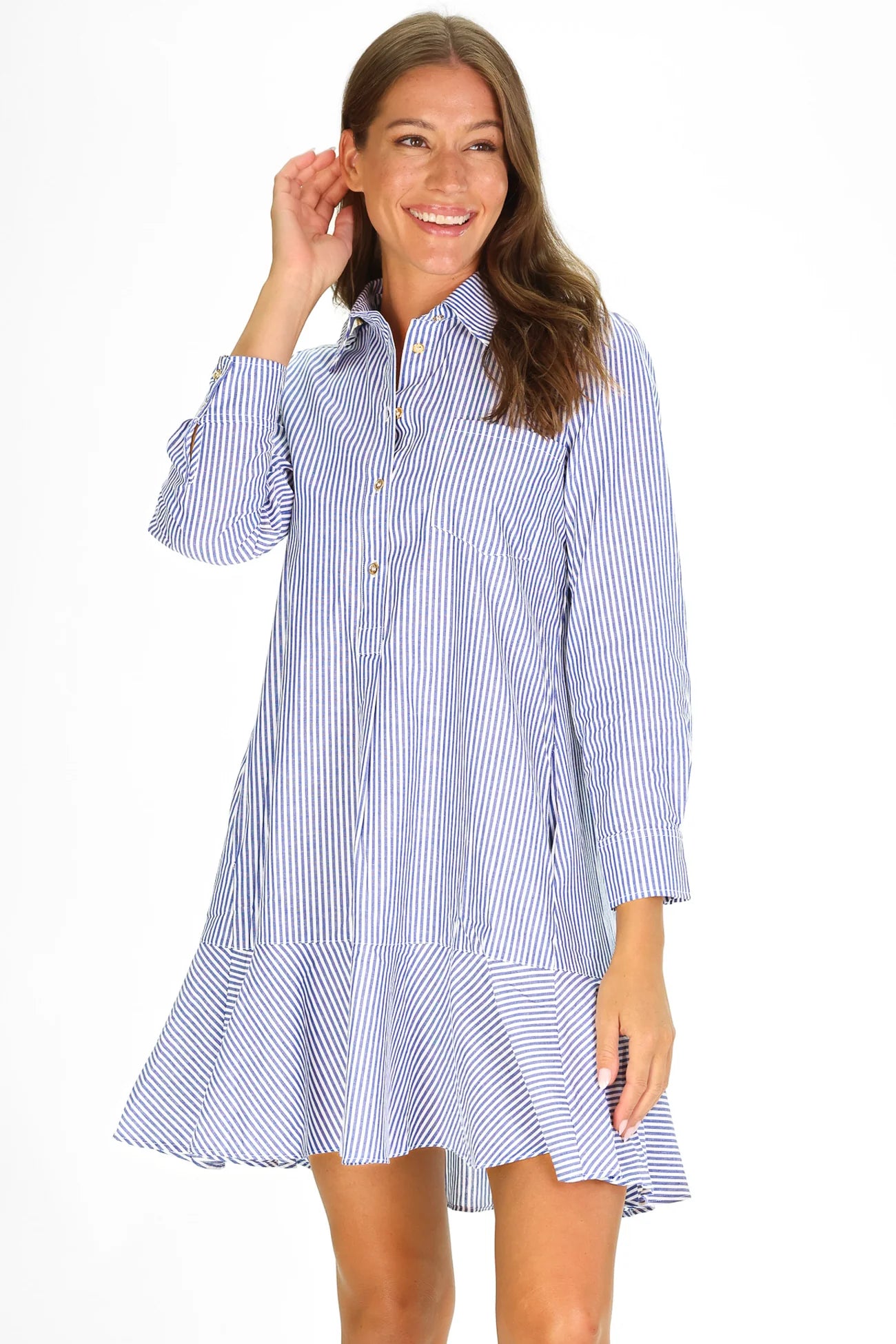 iris drop waist shirt dress navy stripe