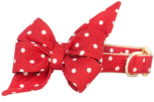 ivory dot on ruby red  Belle Bow Dog Collar