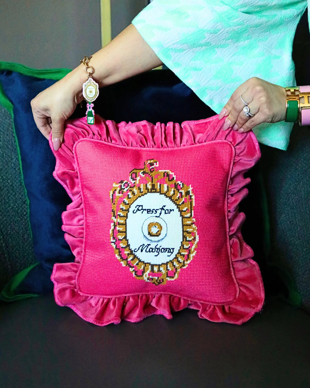 press for mahjong needlepoint pillow