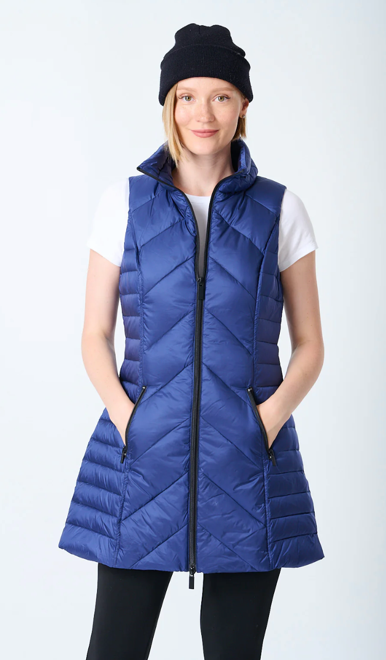 chevron quilted vest in blueberry