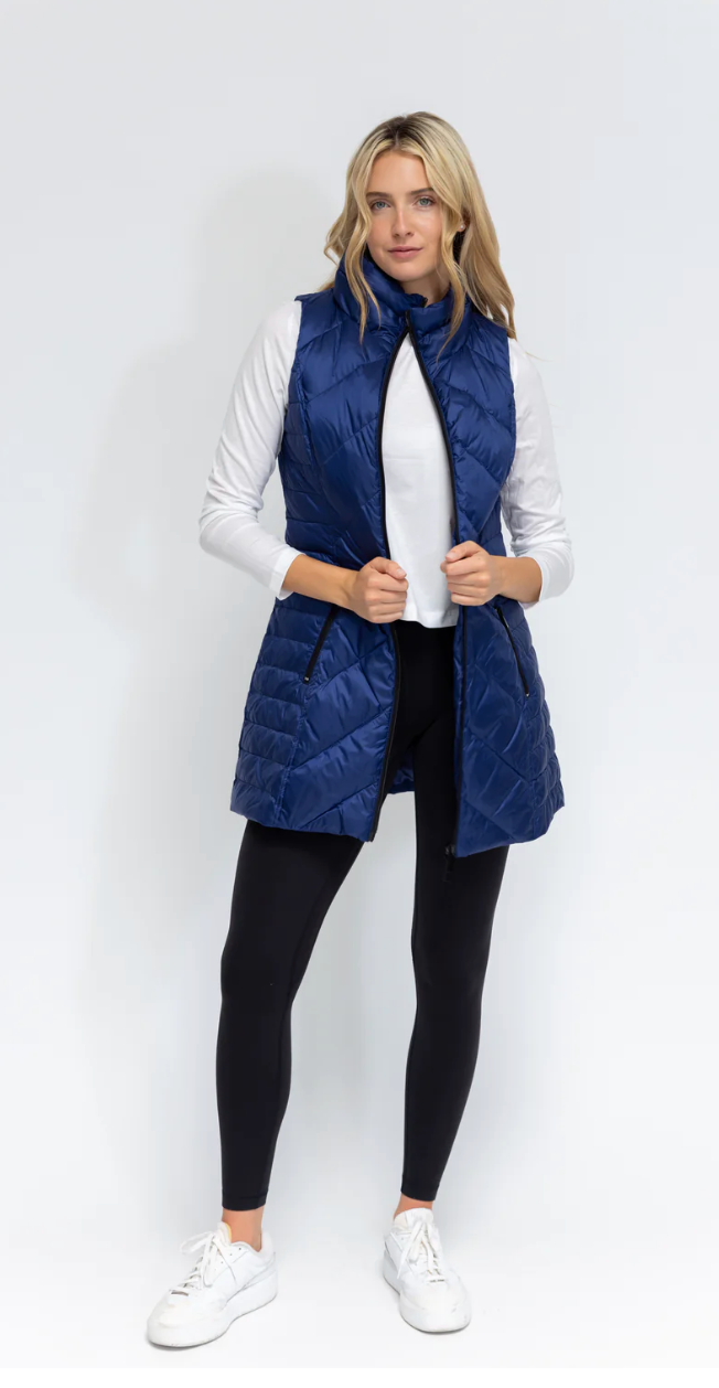 chevron quilted vest in blueberry