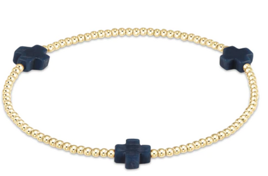 signature cross gold pattern 2mm bead bracelet navy