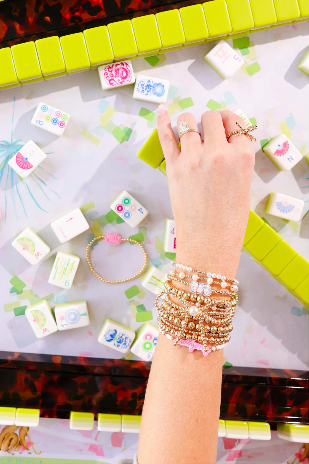 mahjong tile beaded bracelet on gold