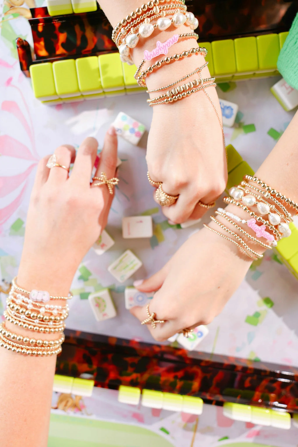 mahjong tile beaded bracelet on gold