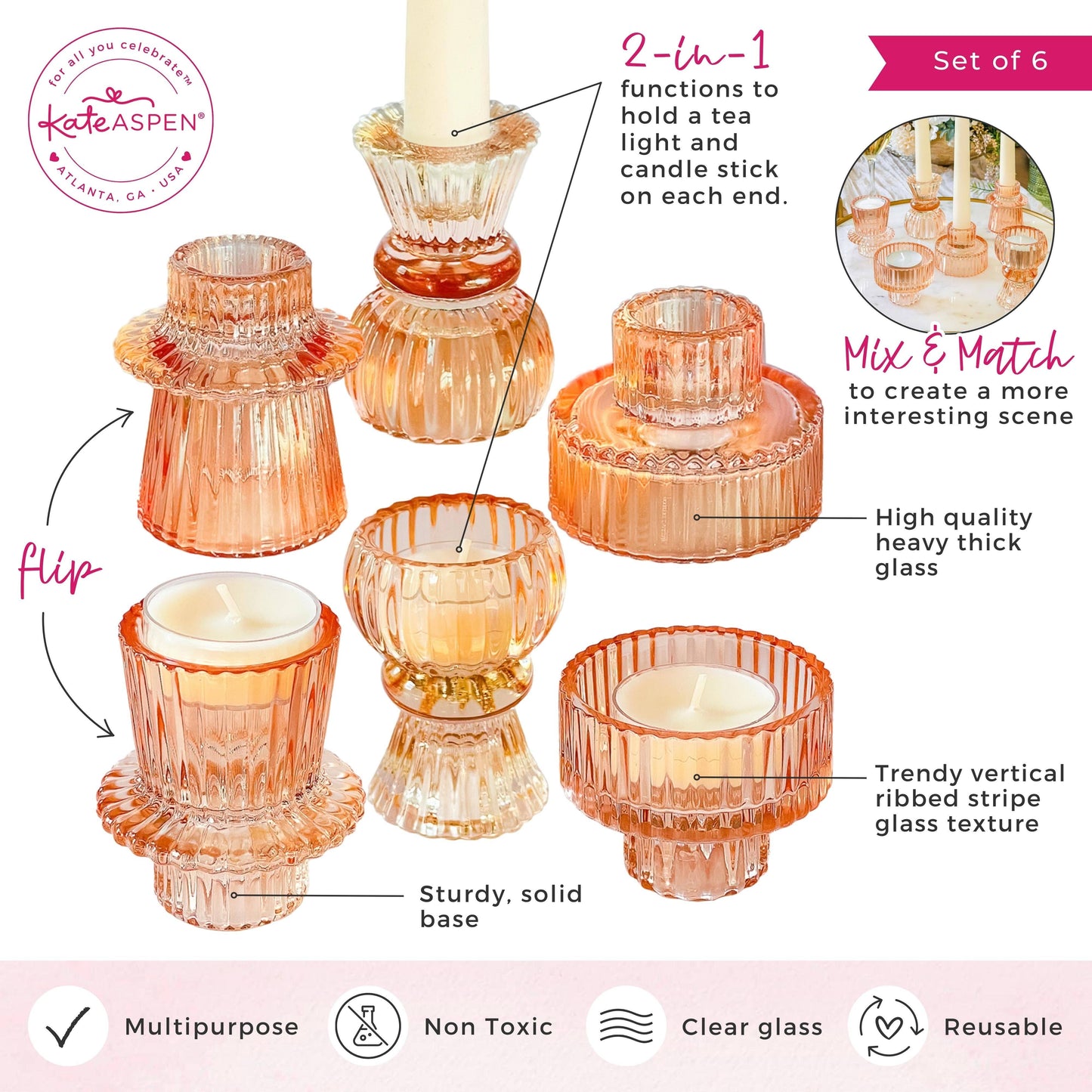 Vintage Ribbed Glass Rose Gold Candle Holders Set