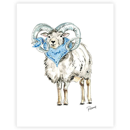Handpainted Ram with Blue Bandana Art Print