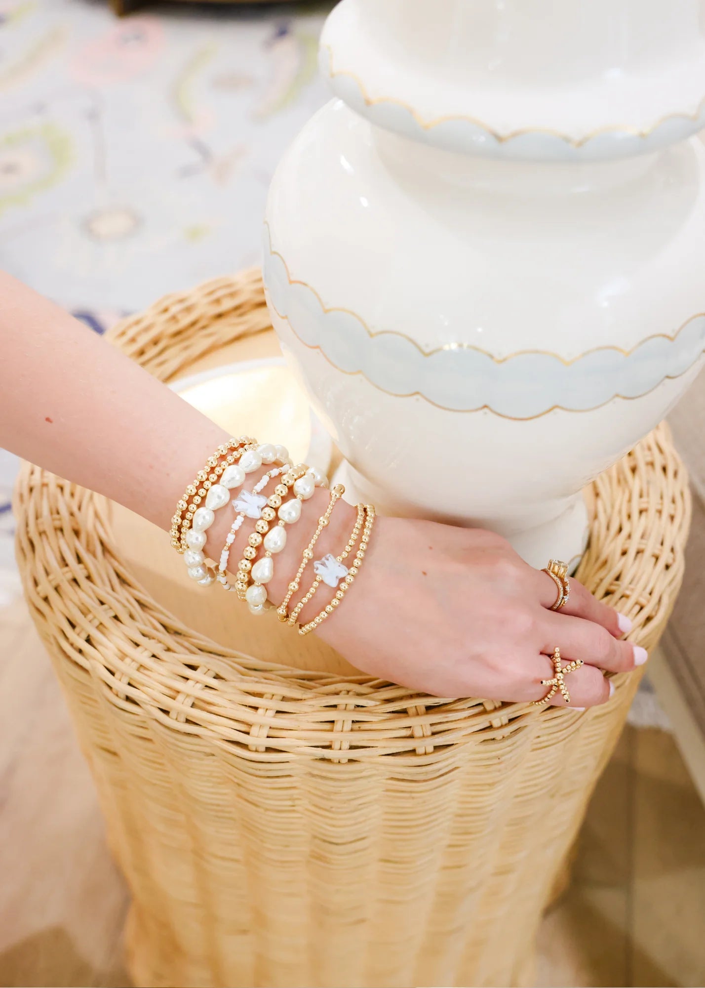 blue watercolor bow beaded bracelet on gold