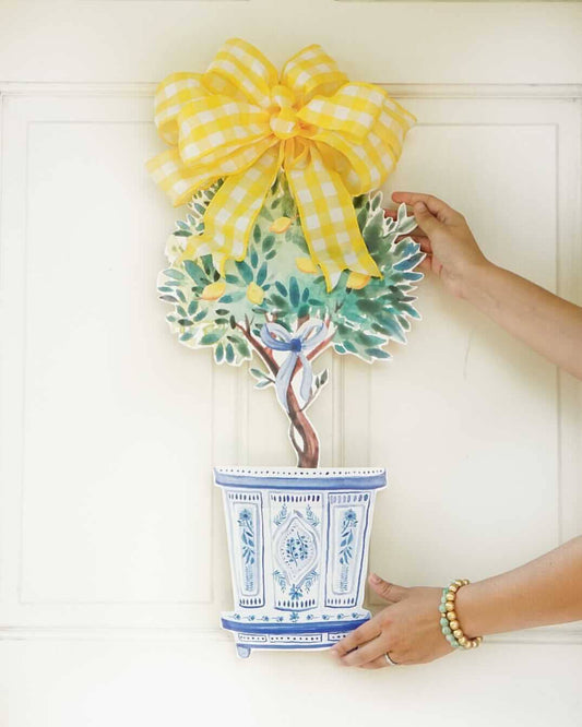 rebecca chinoiserie boxwood planter with lemons door hanger