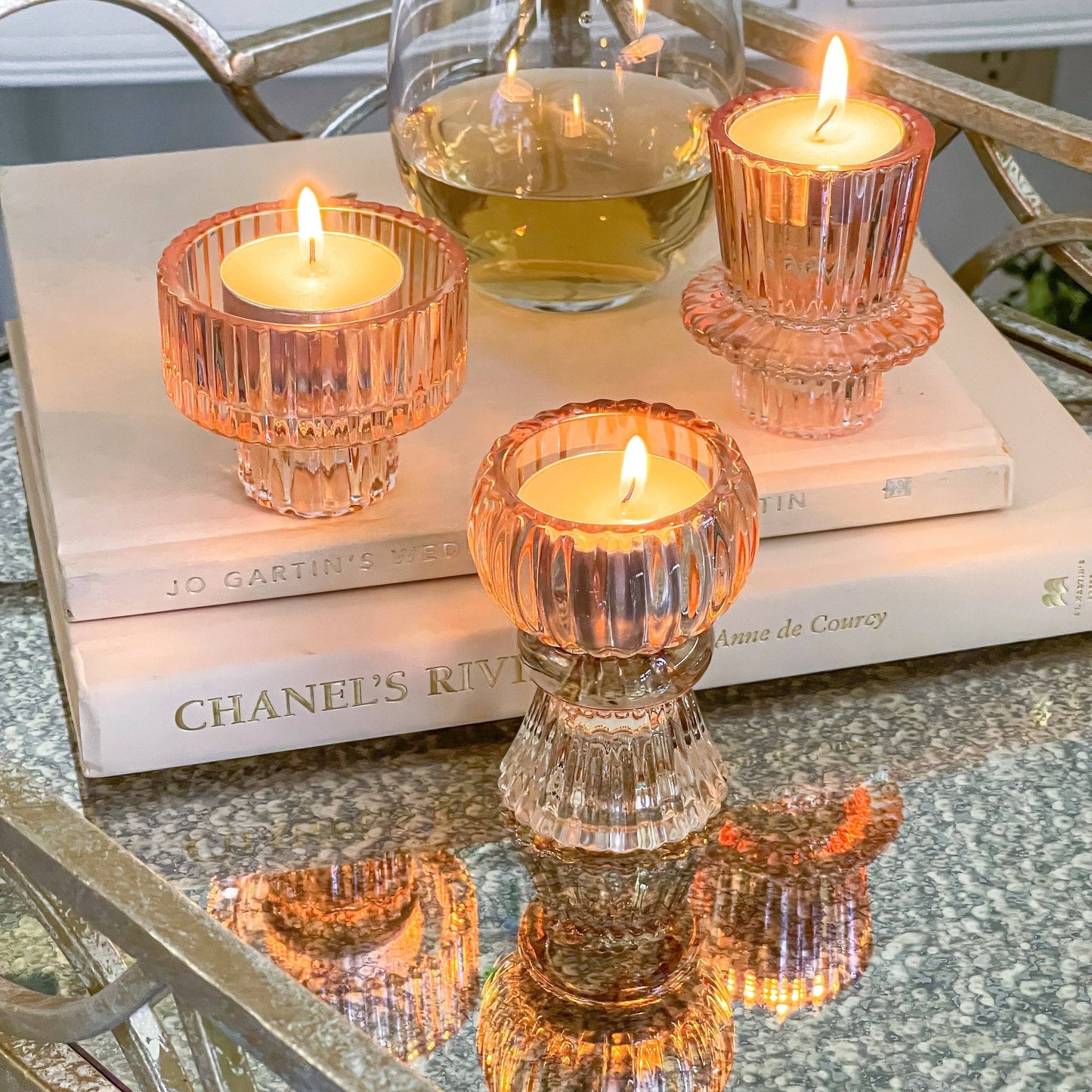 Vintage Ribbed Glass Rose Gold Candle Holders Set