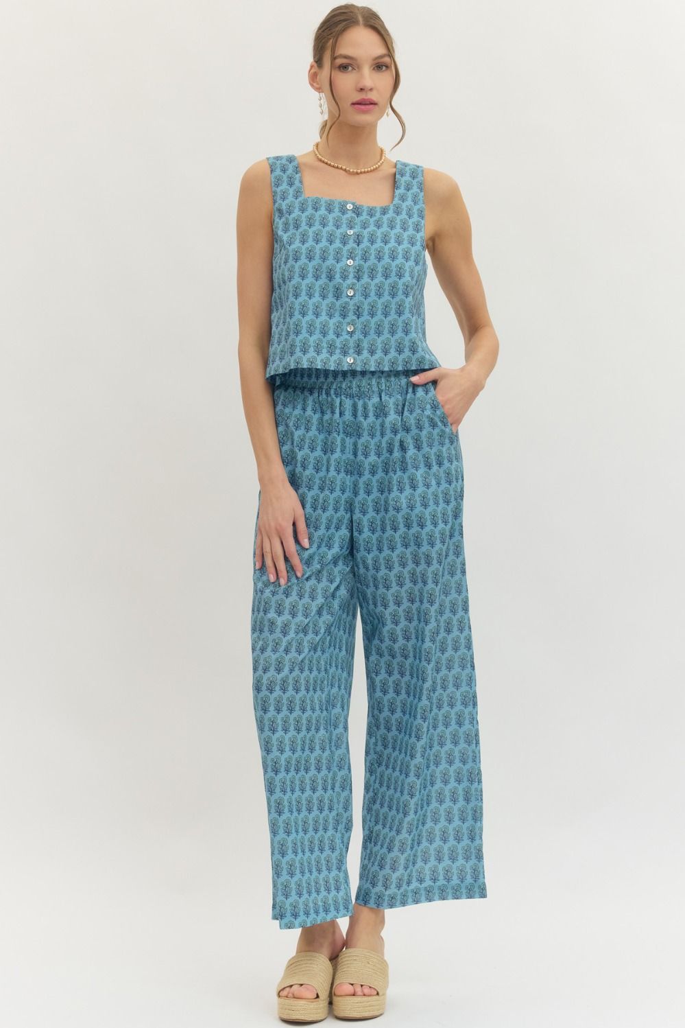 sage block print pant set