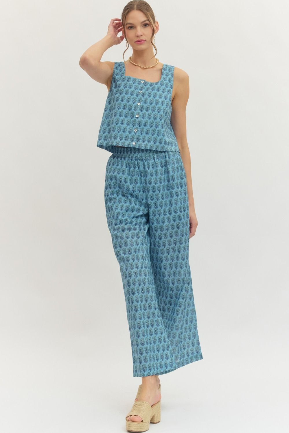 sage block print pant set