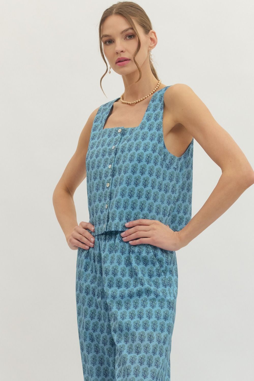 sage block print pant set