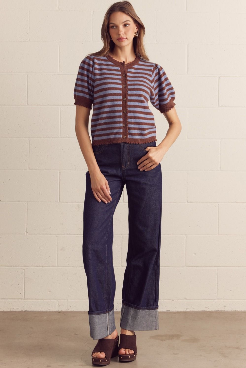 stripe puff sleeve cardigan