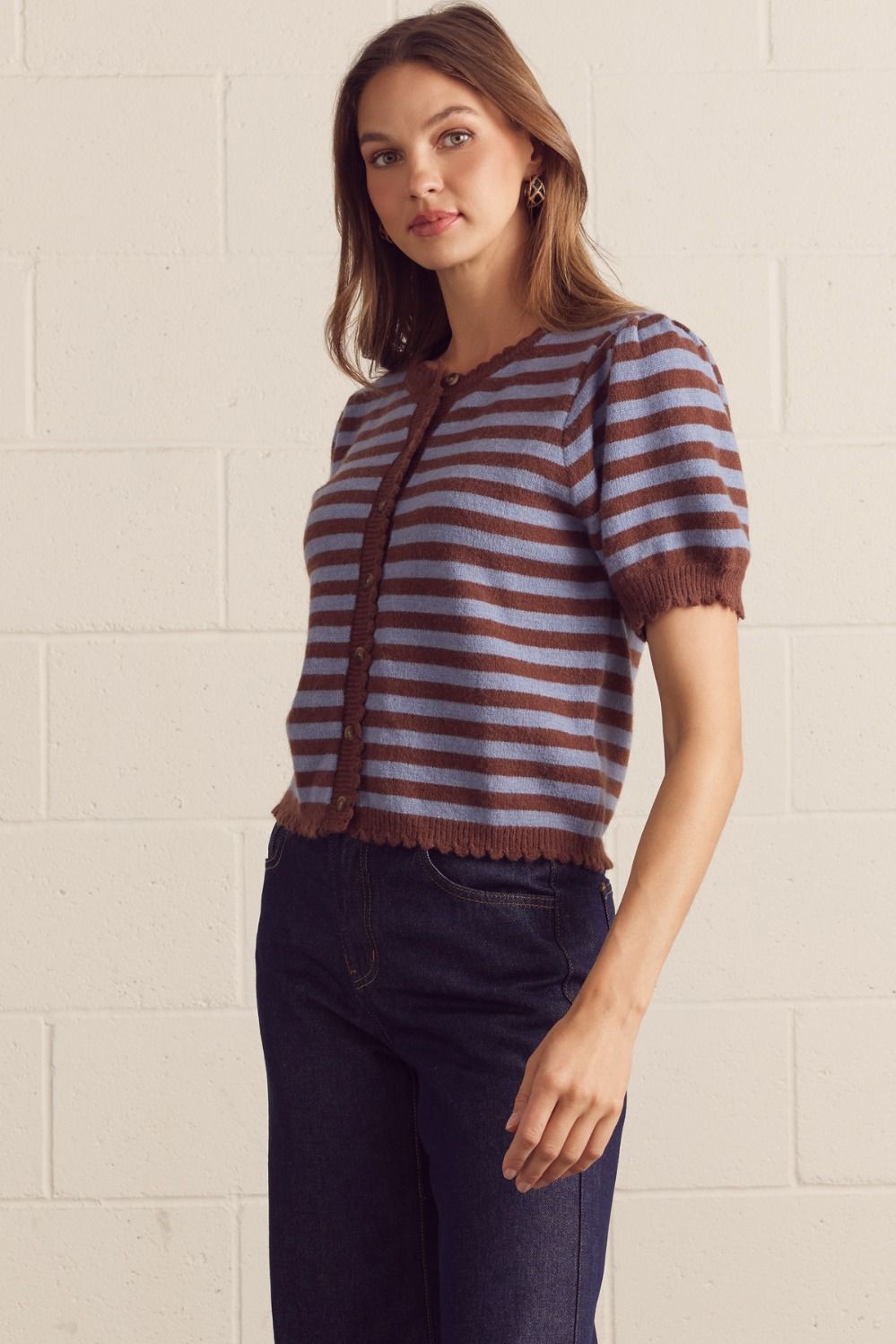stripe puff sleeve cardigan
