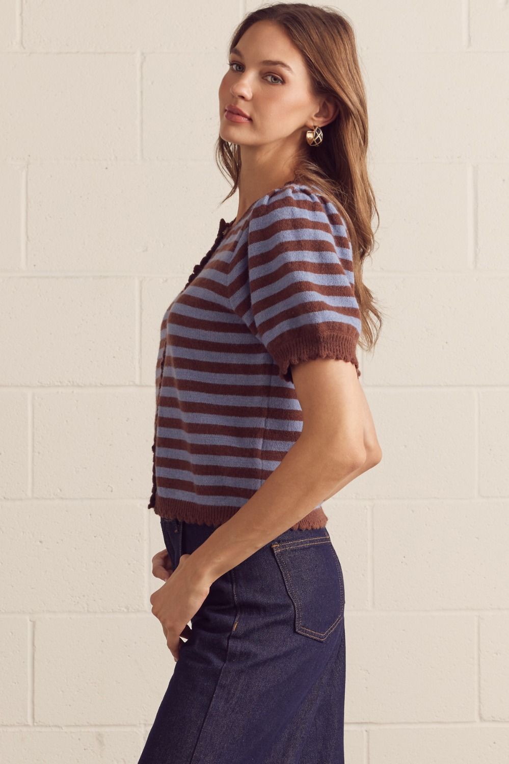stripe puff sleeve cardigan