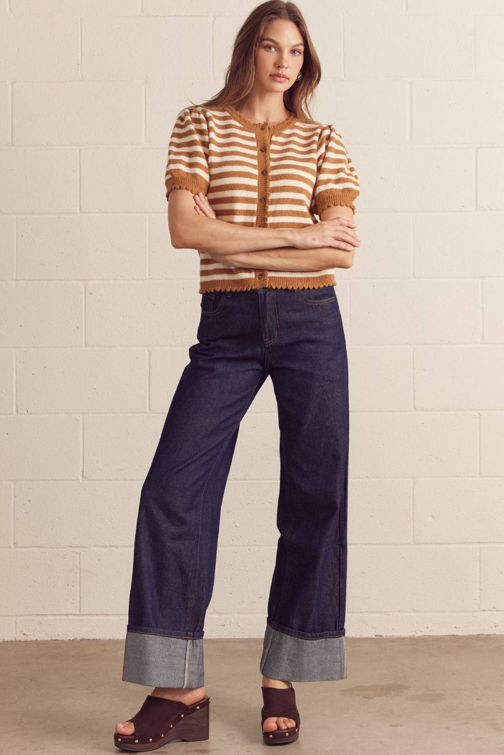 stripe puff sleeve cardigan