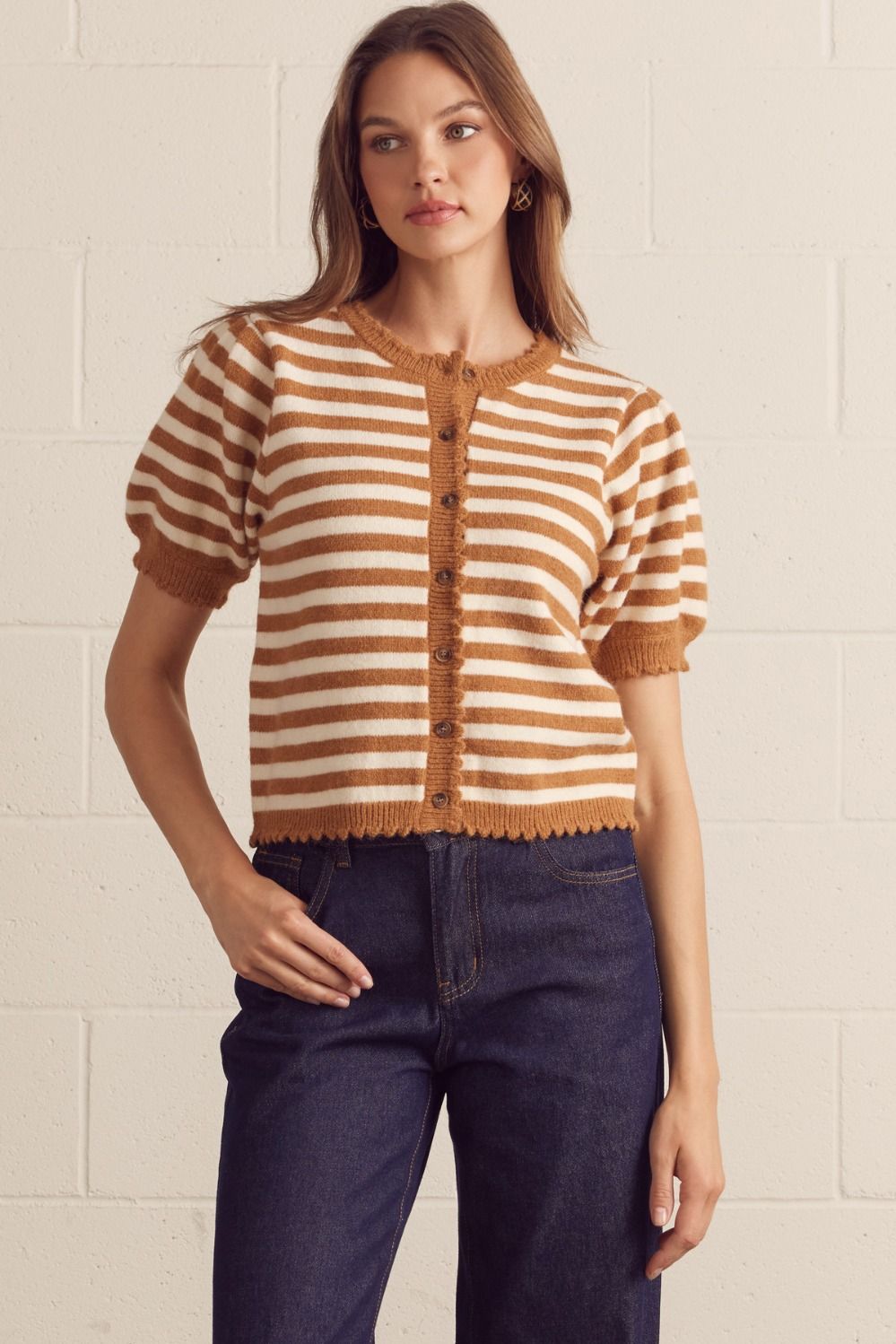 stripe puff sleeve cardigan