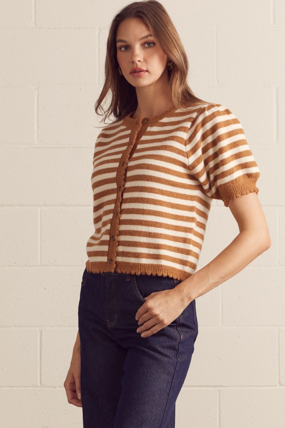 stripe puff sleeve cardigan