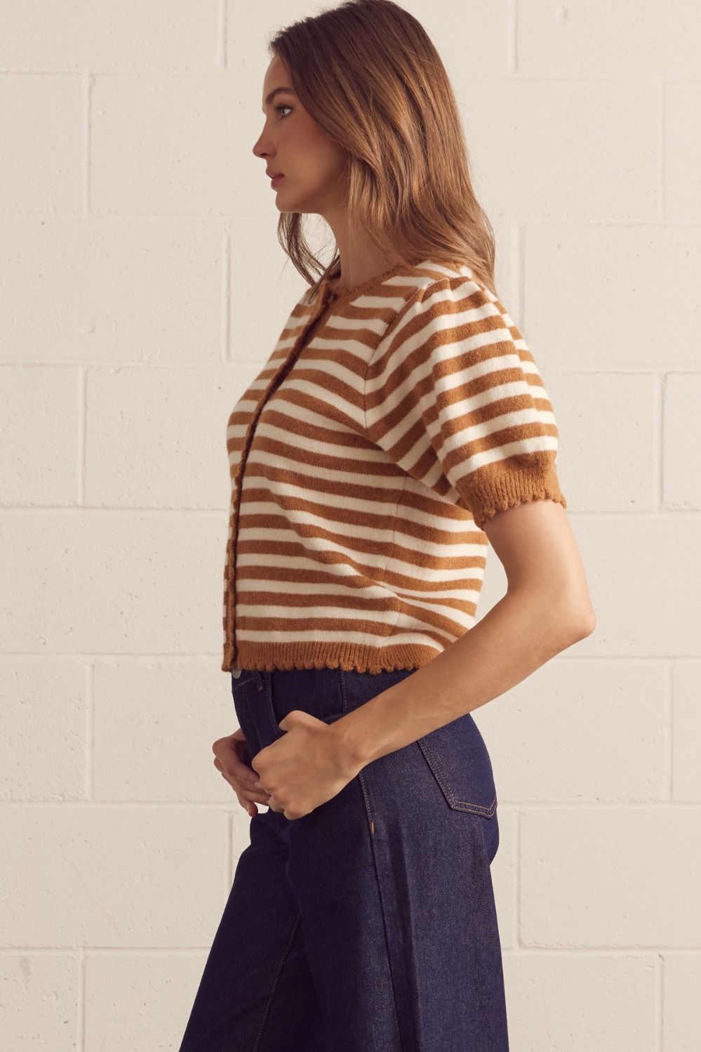 stripe puff sleeve cardigan