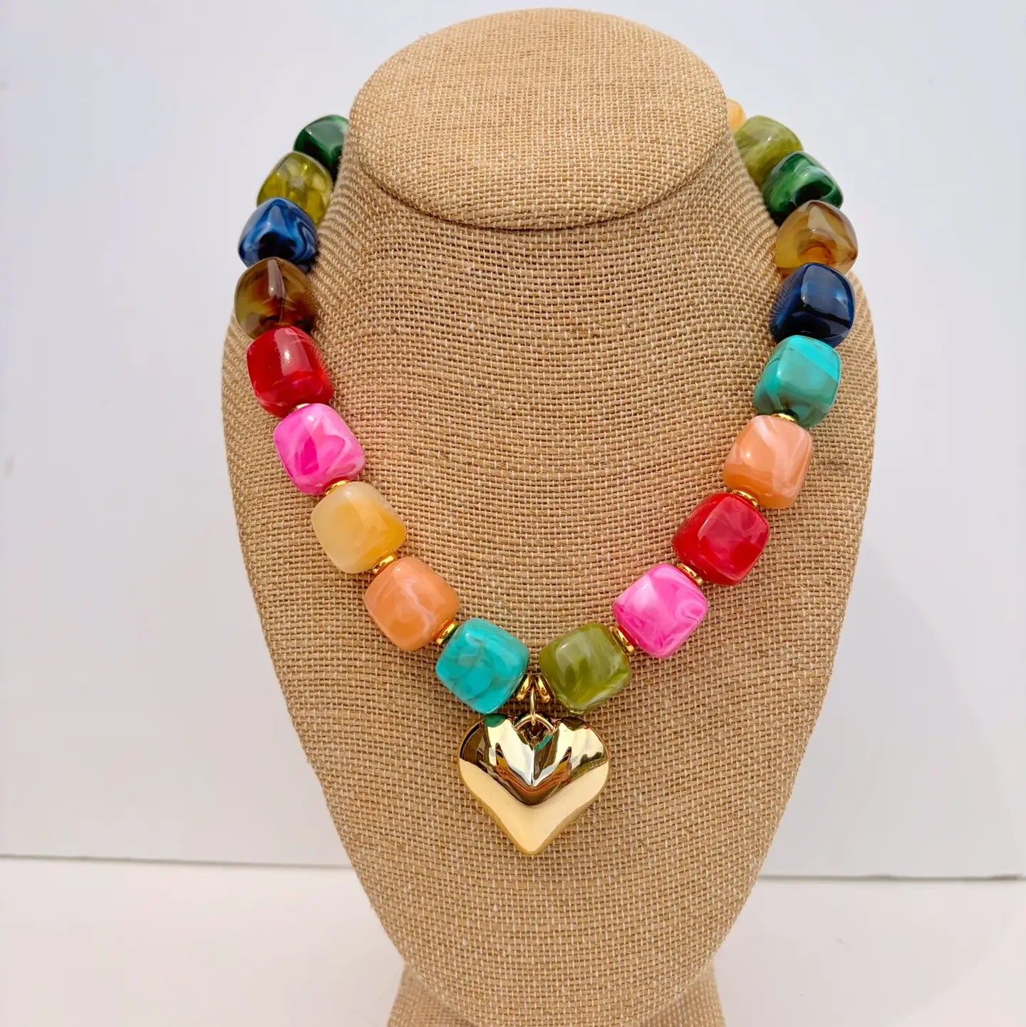 rainbow heart cube beaded necklace