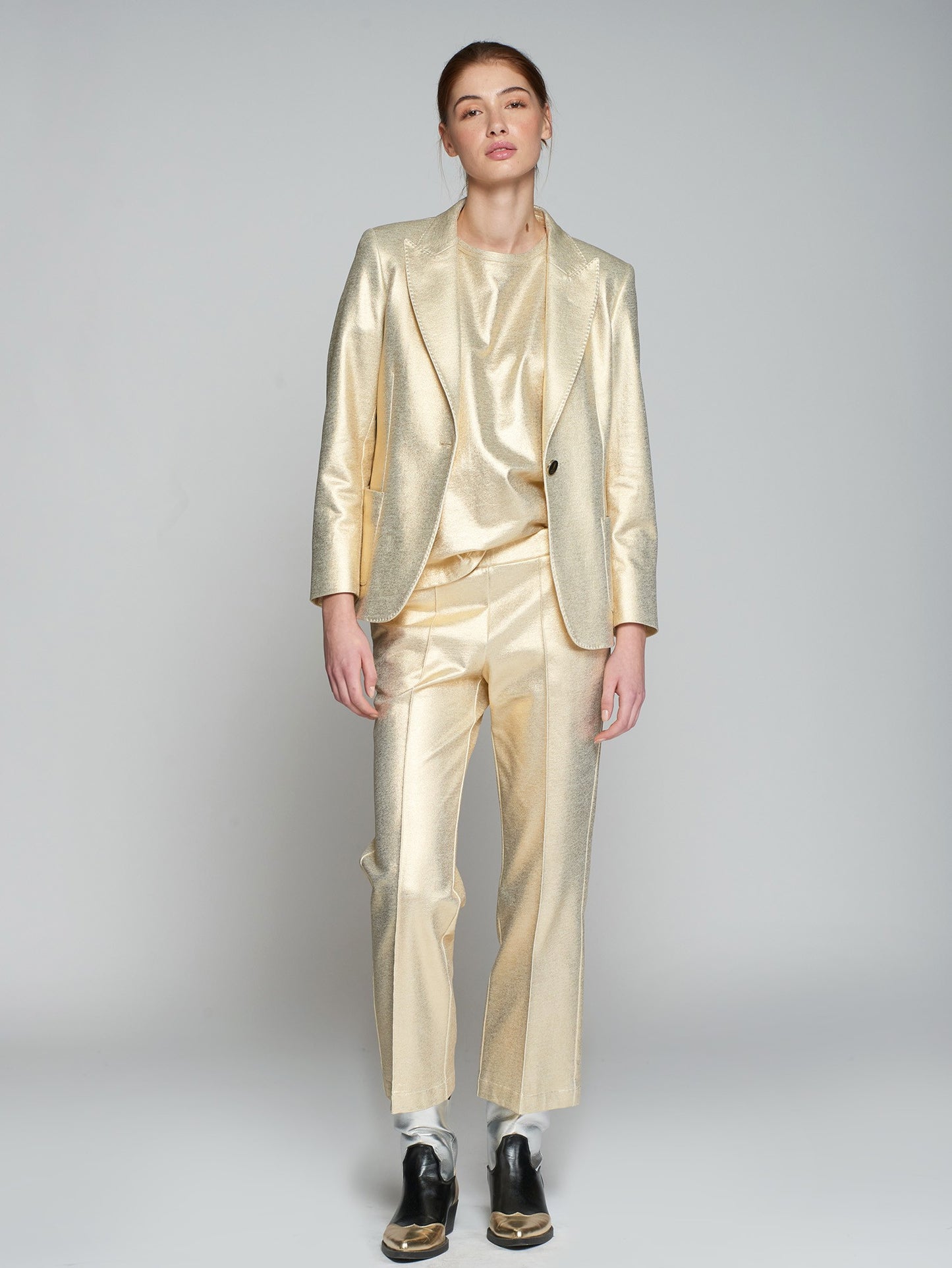 hillary metallic gold stretch blazer