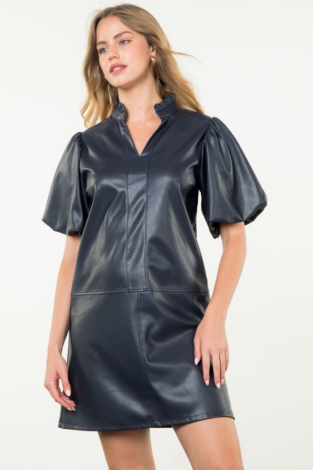 lena vegan leather puff sleeve dress