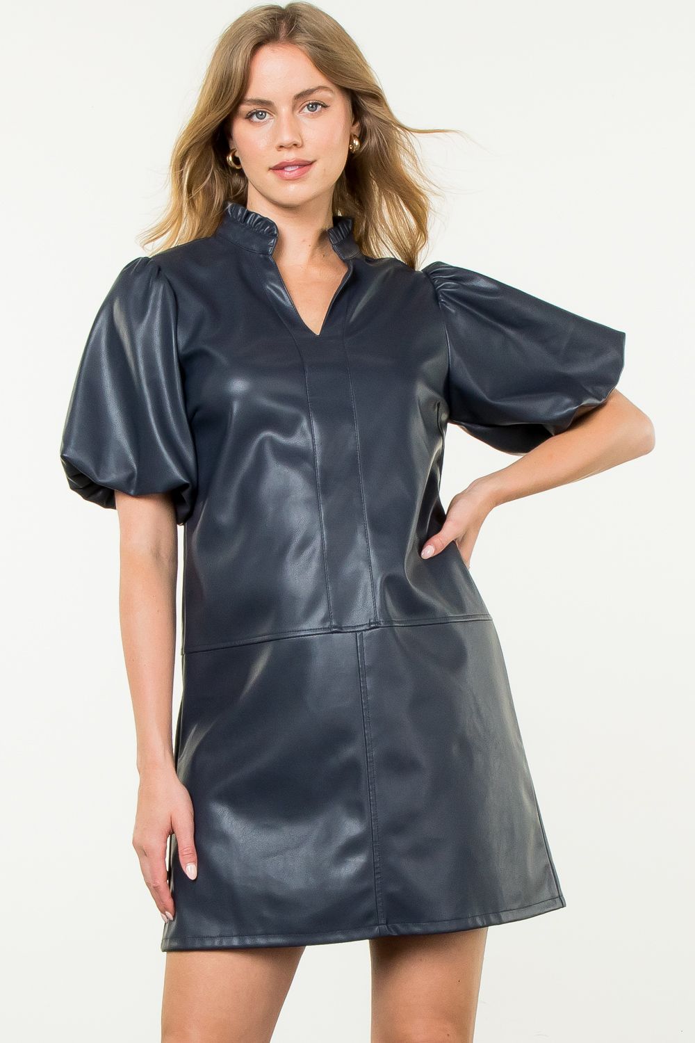 lena vegan leather puff sleeve dress