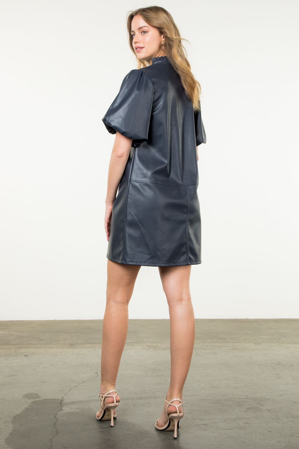 lena vegan leather puff sleeve dress