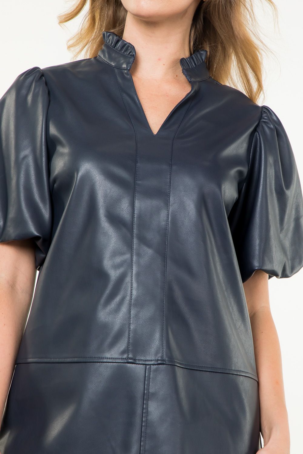 lena vegan leather puff sleeve dress