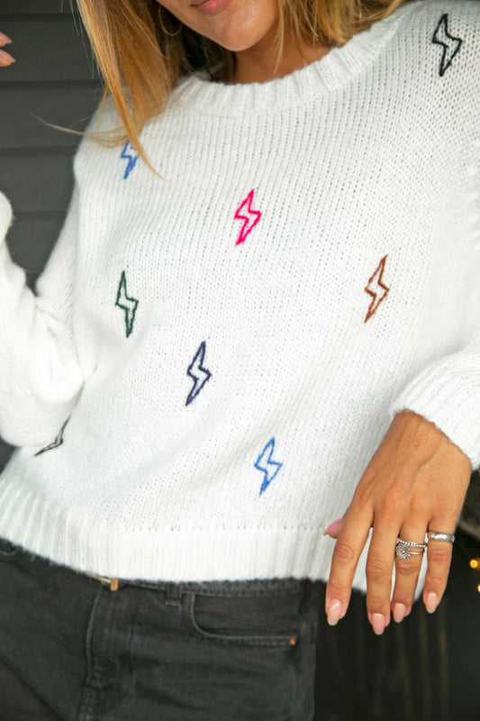 multicolored lightning crew chunky sweater