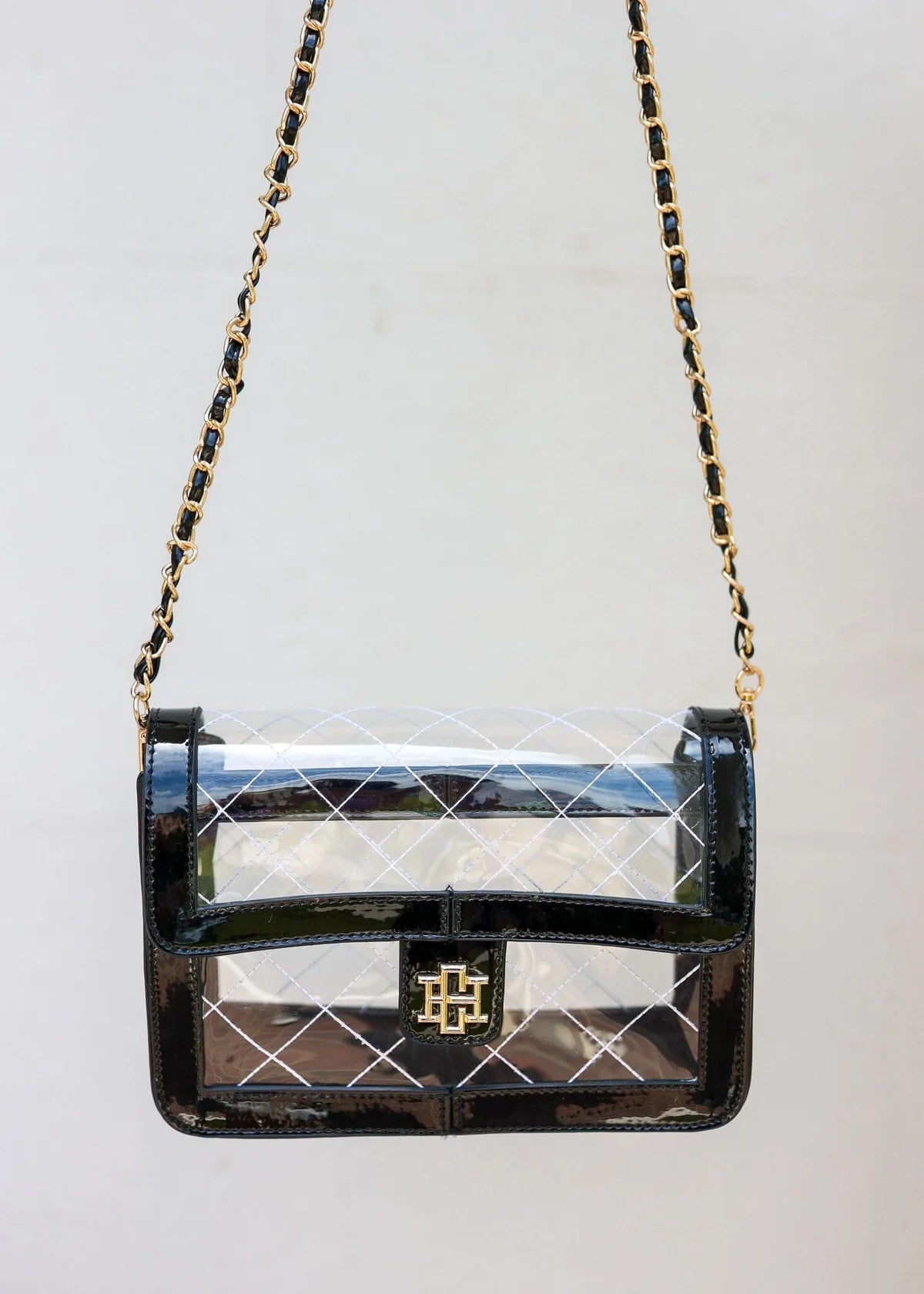 quinn quilted clear bag black patenet