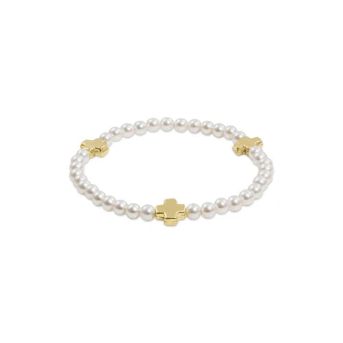 signature cross pearl pattern 3mm bead bracelet gold