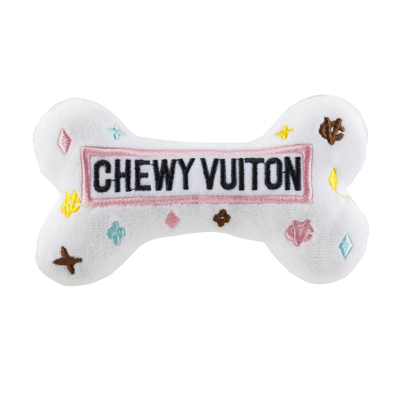 white chewy vuiton bones squeaker dog toy small