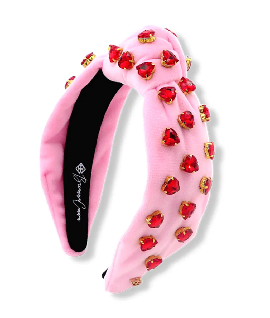 pink velvet headband with crystal hearts