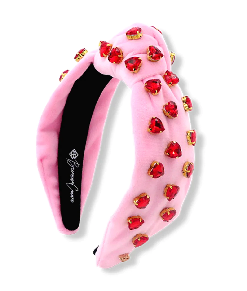 pink velvet headband with crystal hearts