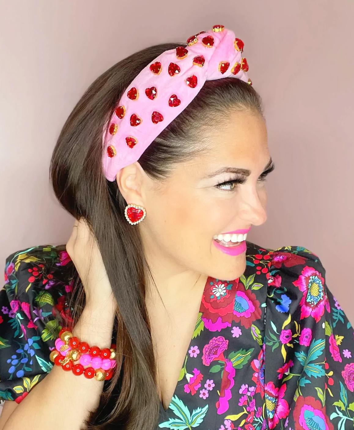 pink velvet headband with crystal hearts