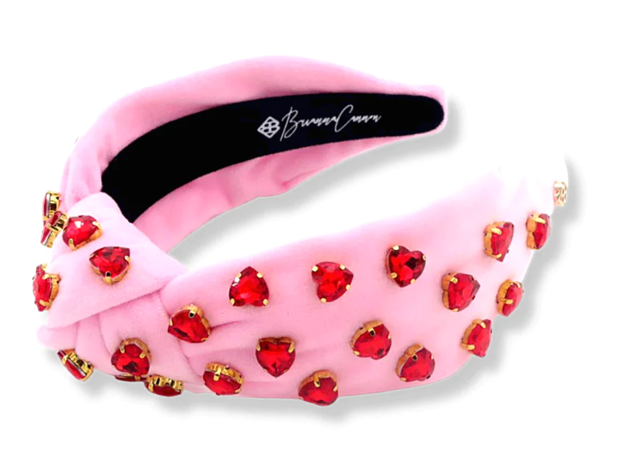 pink velvet headband with crystal hearts
