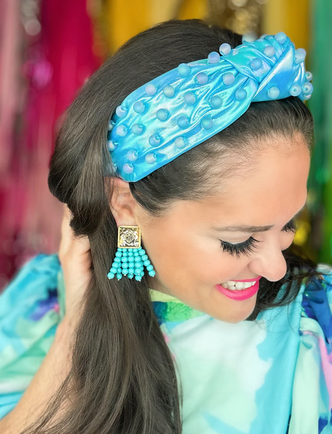 iridescent blue headband with beads