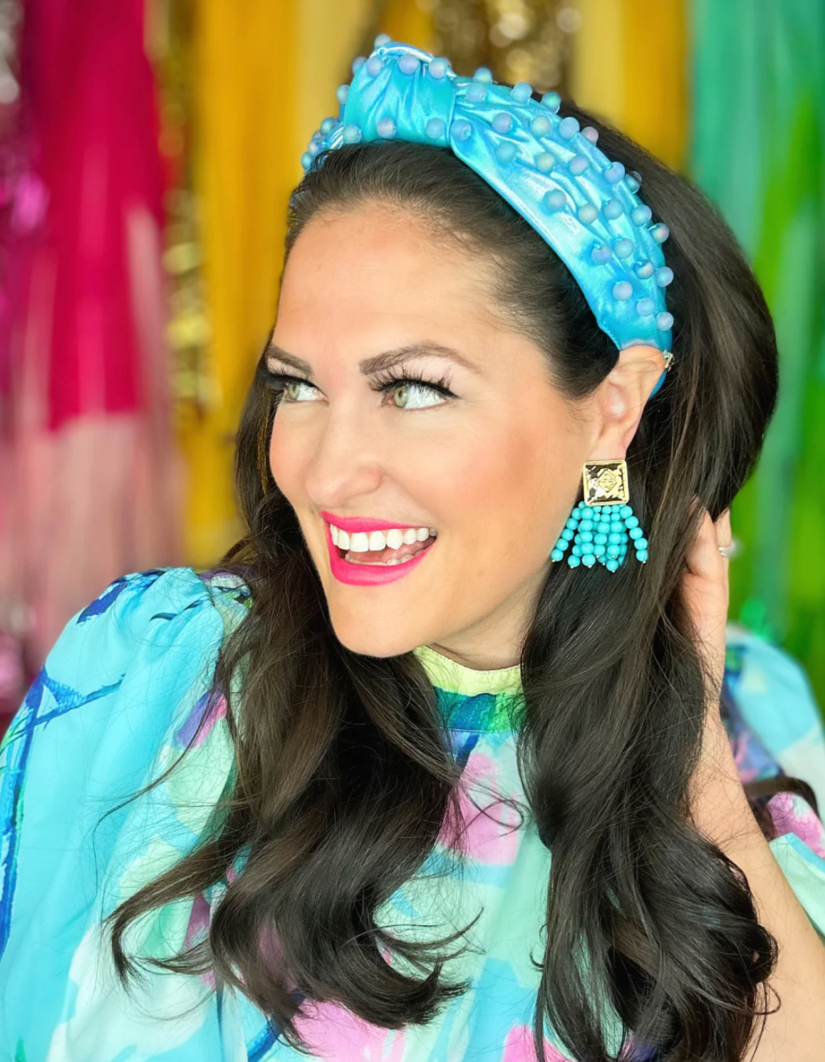 iridescent blue headband with beads