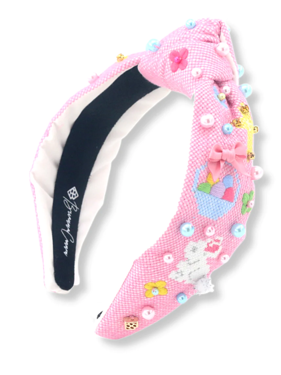 pink cross stitch easter headband with pearls