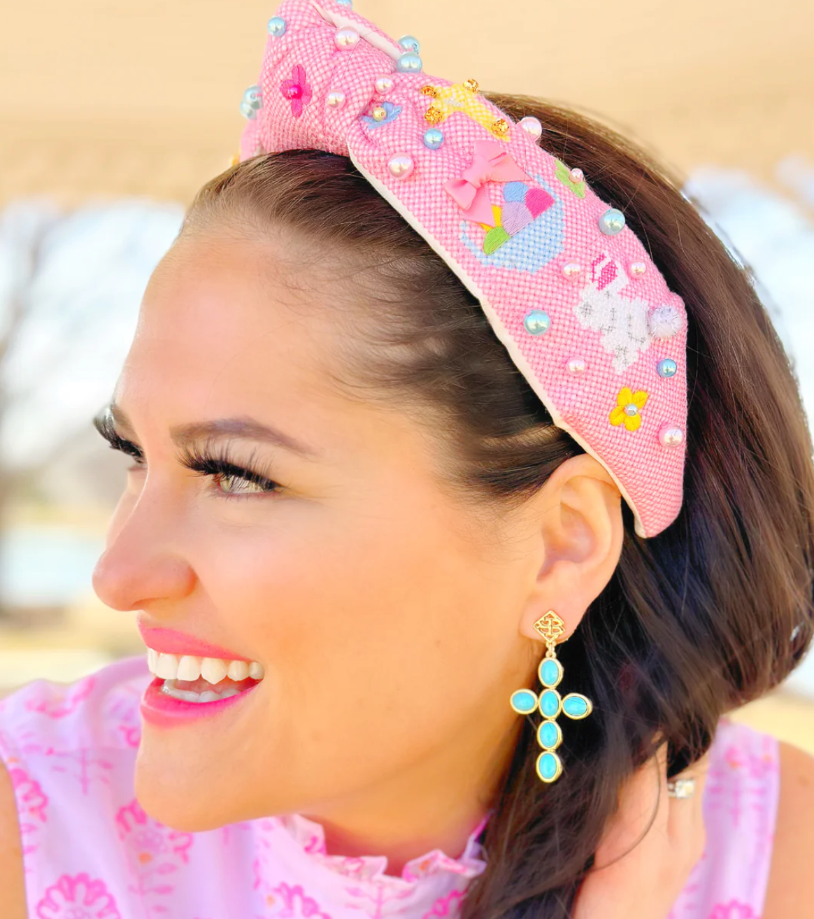 pink cross stitch easter headband with pearls