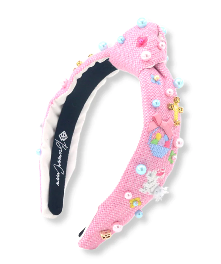 pink cross stitch easter headband with pearls child