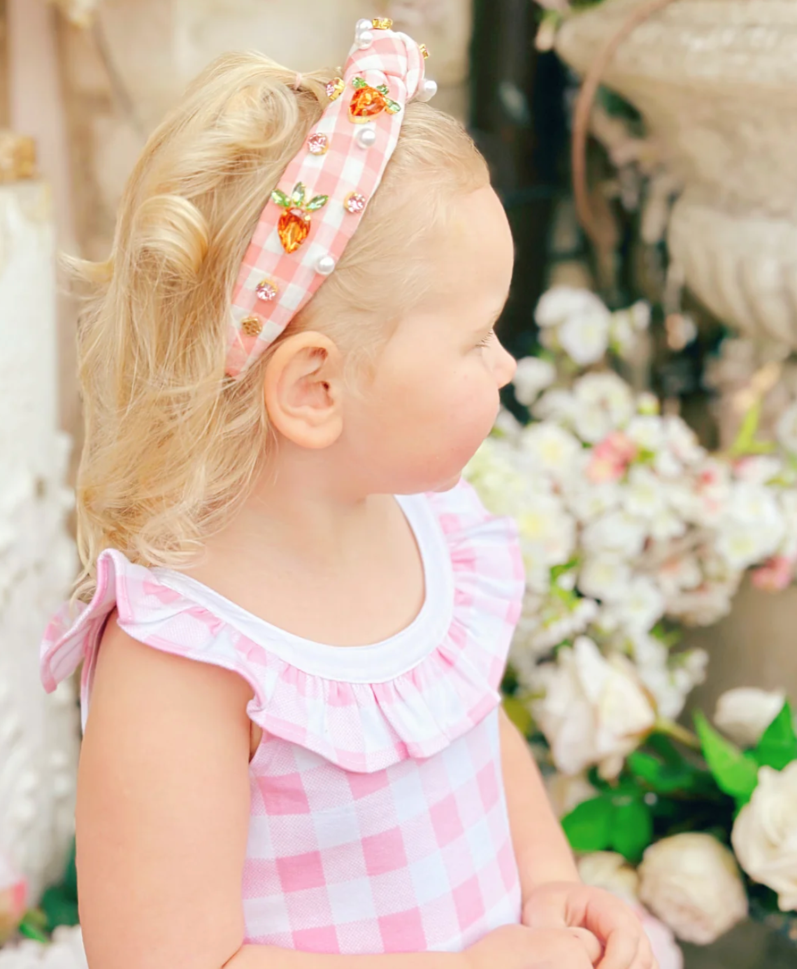 gingham headband with carrot crystals and pearls child