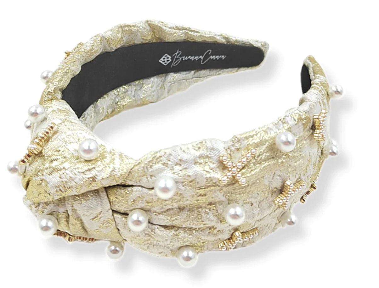gold and ivory metallic headband with pearls and crosses