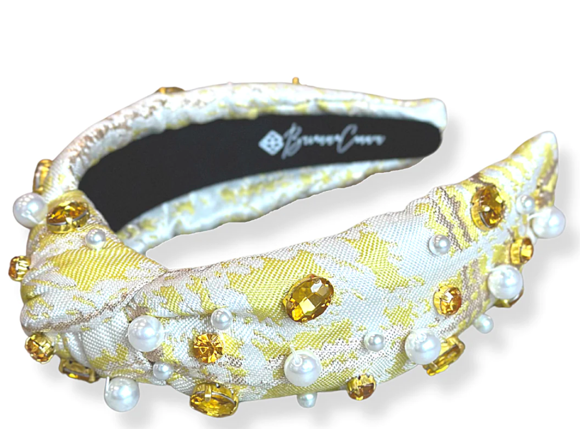 yellow jacquard metallic headband with crystals and pearls